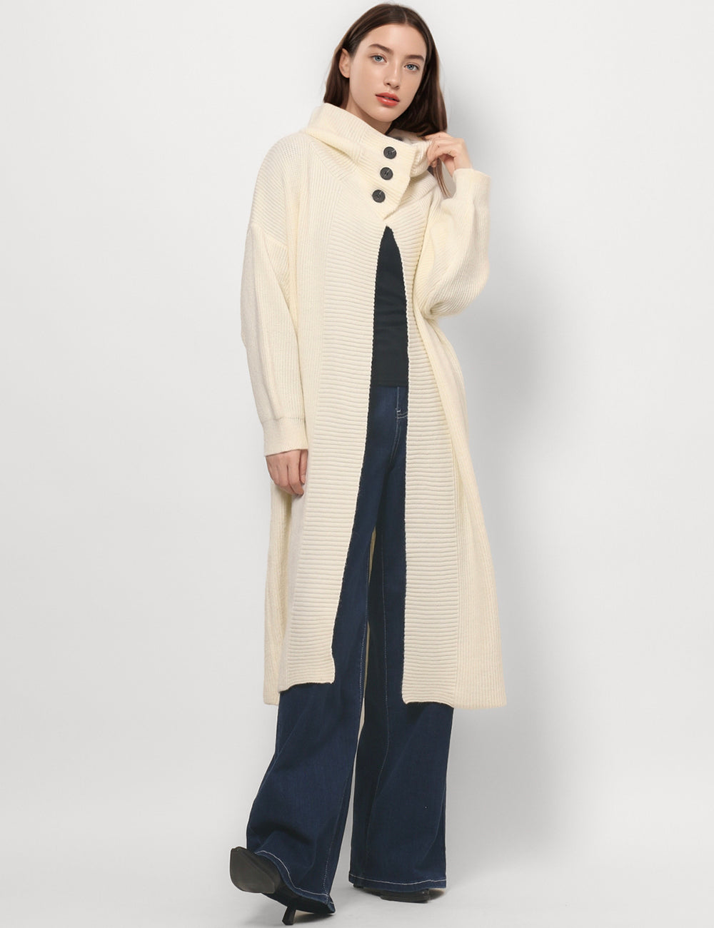 Loose Solid Color Open Front Lapel Long Cardigan DPT4806