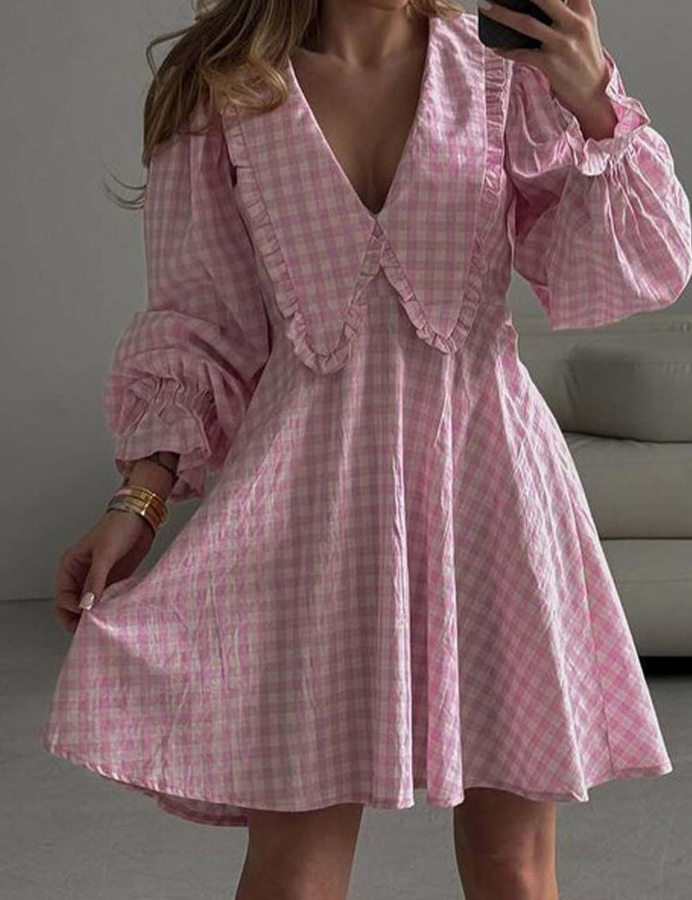 Elegant Plaid Long Sleeve A-Line Dress DP25F554