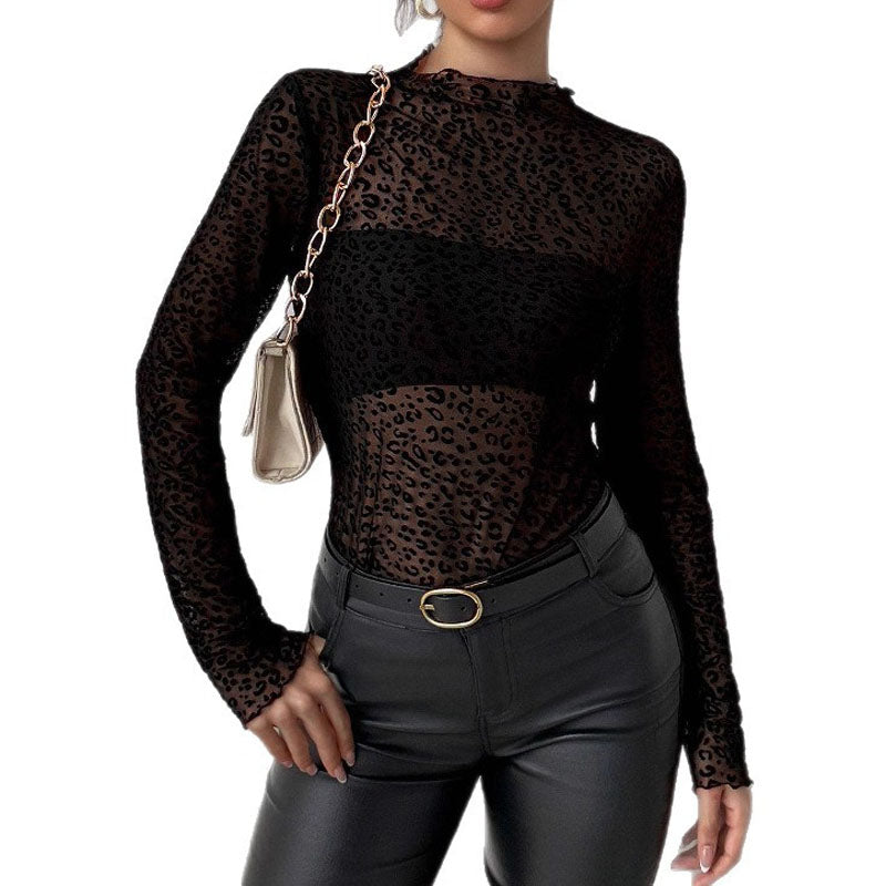 Trendy Mock Neck Mesh Slim Blouse DP25H403