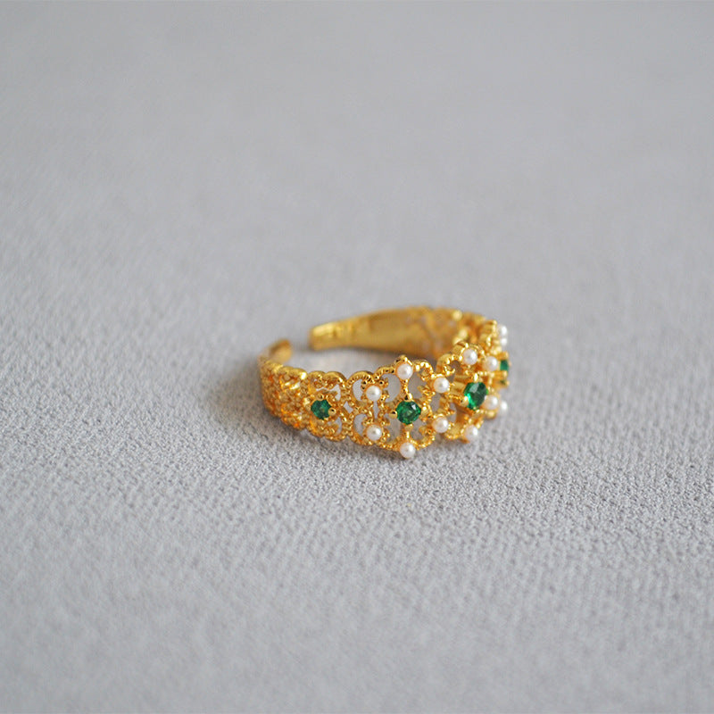 Vintage Emerald Zircon Pearl Hollow Open Ring DP25E745