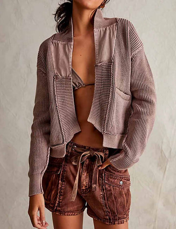 Simple Splicing Knit Cardigan Coat With Pockets DP25G969