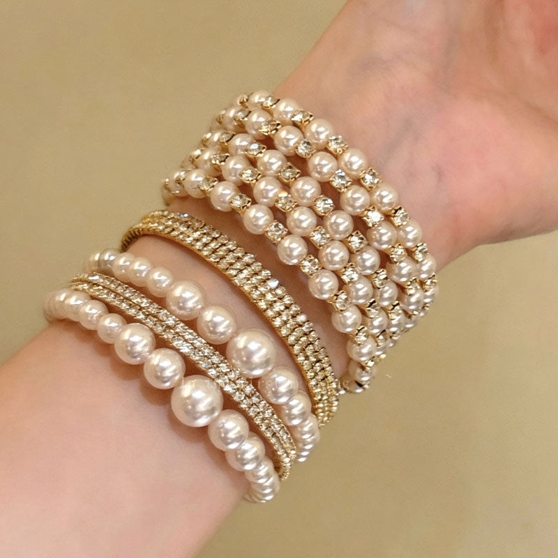 Vinatge Multi-Layer Pearl Rhinestone Bangle Bracelet 6W6JBR588