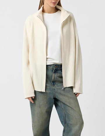 Simple Ribbed Knit Mock Neck Zip Up Cardigan DP25G961