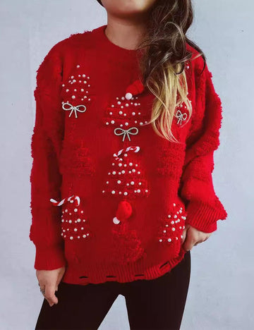 Solid Color Crew Neck Pearl Christmas Sweater DP25H435