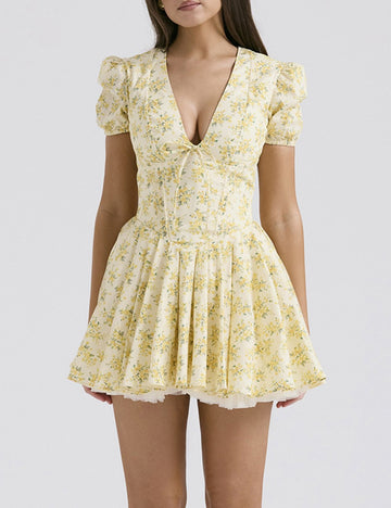 Puffy Sleeves V-Neck A Line Mini Dress DP25C477