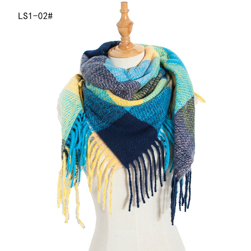 Winter Color Block Striped Tassel Square Scarf DP25G595