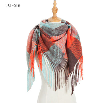 Winter Color Block Striped Tassel Square Scarf DP25G595