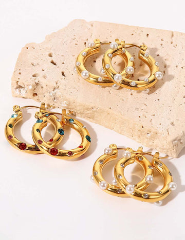 Rhinestone Pearl Hoop Earrings - DippedShop Wholesale - #5539