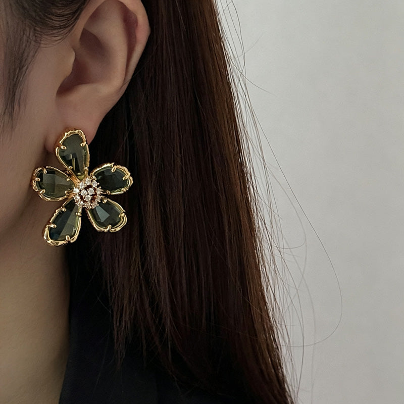 Dainty Rhinestone 3D Floral Dangle Stud Earrings 6W6JER563