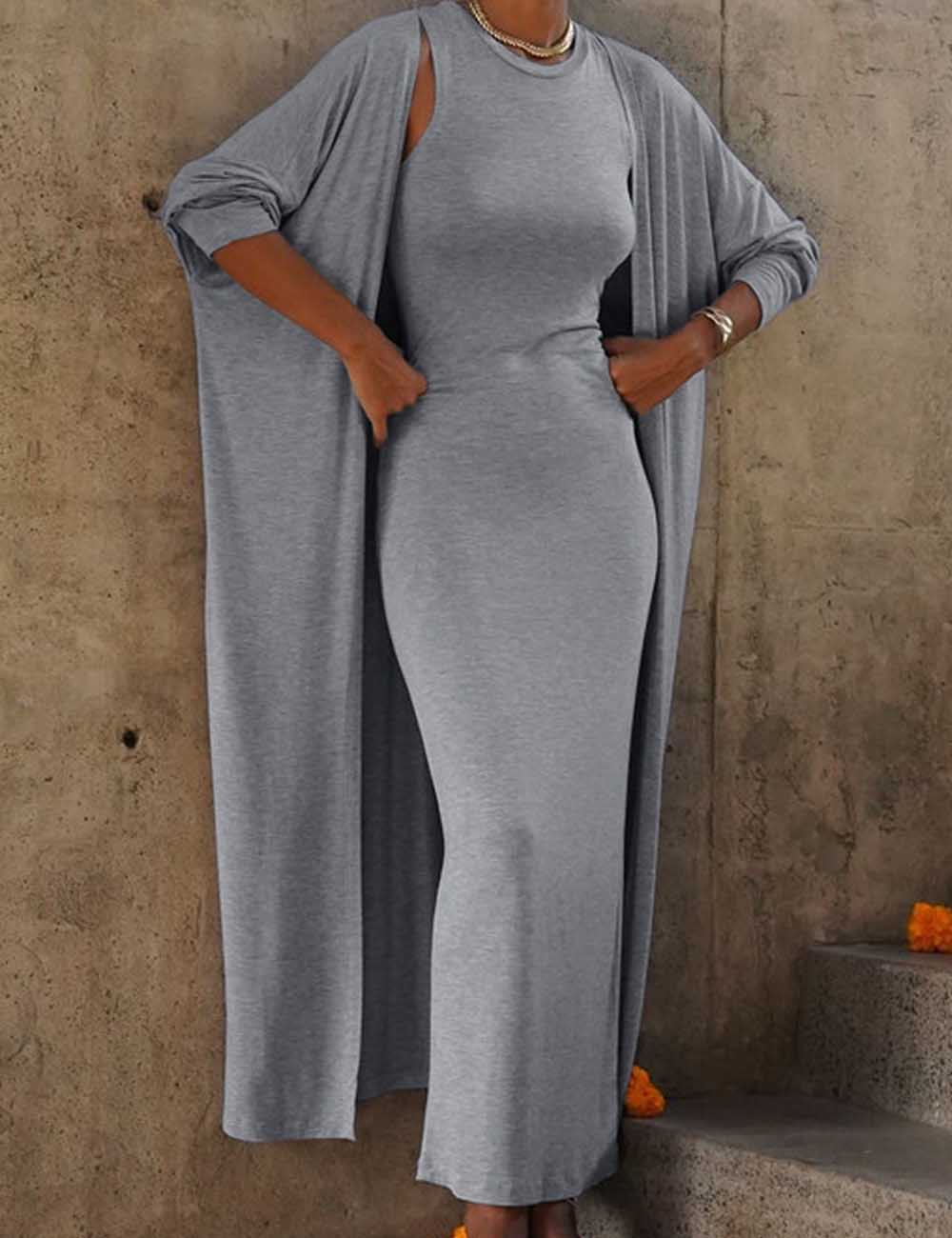 2 Pcs Casual Long Cardigan Tank Dress Set DP25G548