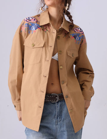 Trendy Embroidered Lapel Collar Long Sleeve Top DP25D884