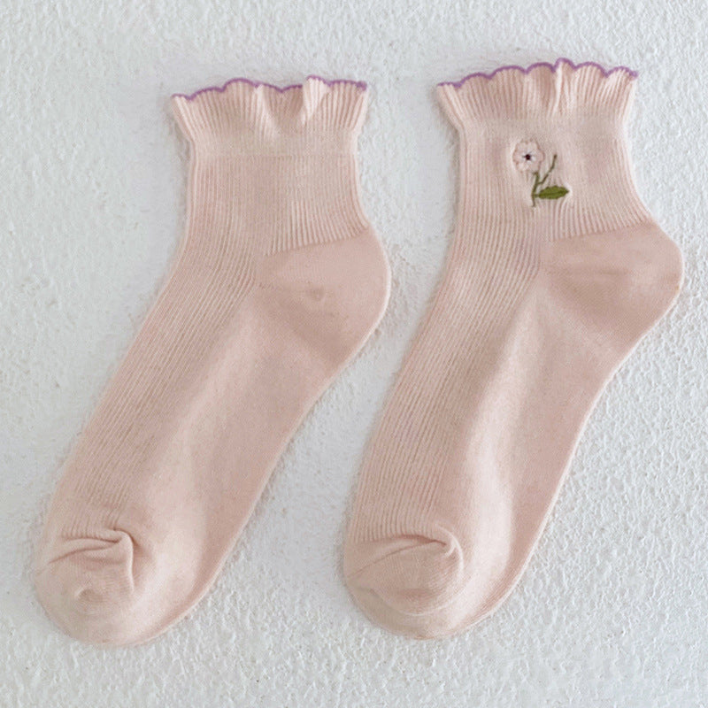 Ruffle Embroidery Crew Socks - DippedShop Wholesale - #6675