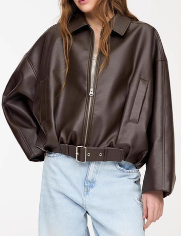 Loose Drop Shoulder Leather Jacket DP25G811