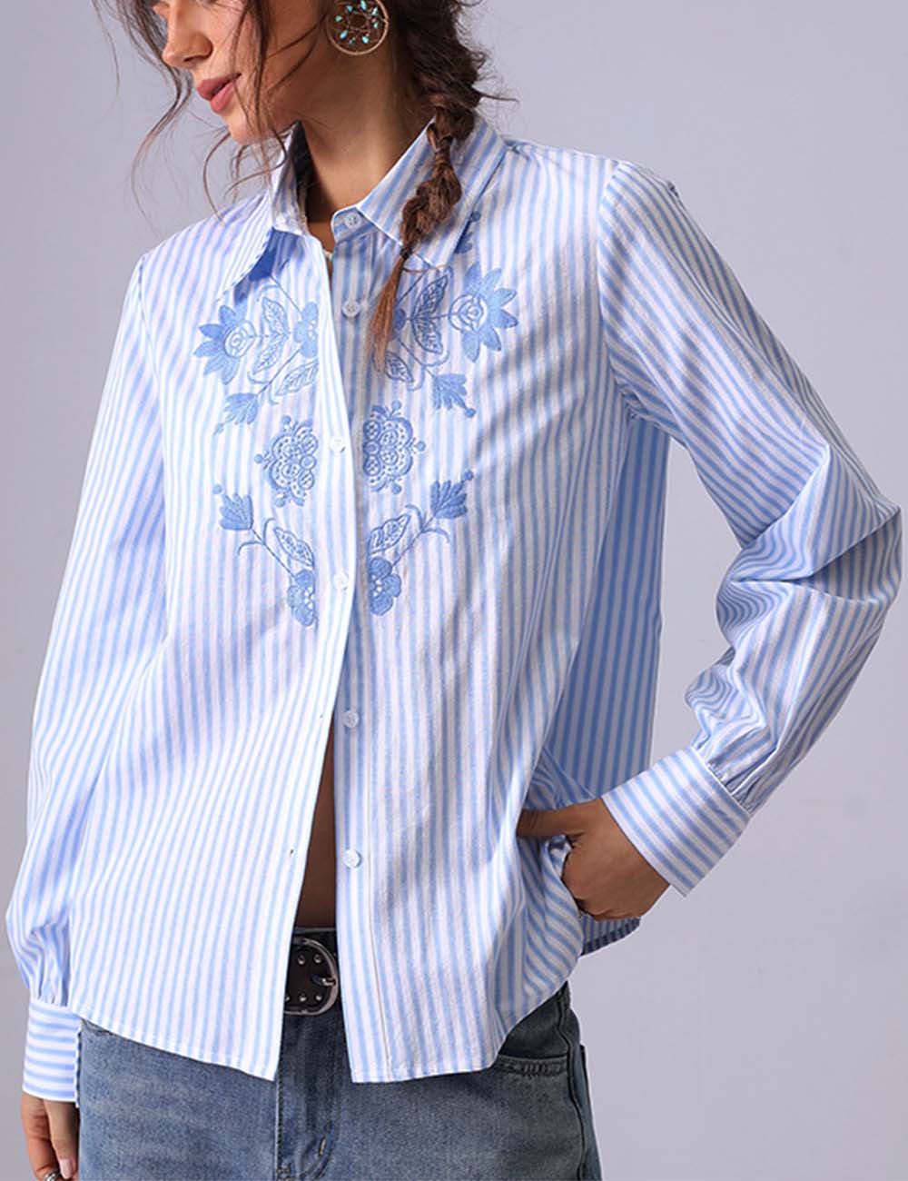 Casual Striped Embroidered Long Sleeve Shirt DP25D883
