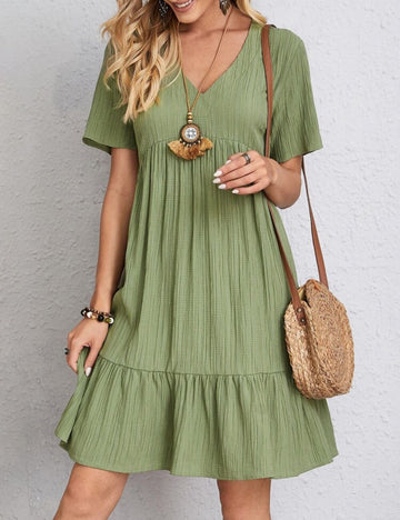 V-Neck Solid Color Short Sleeves Mini Dress DP25B840
