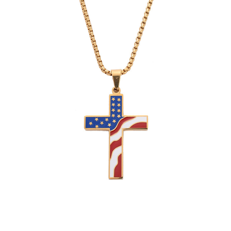 Retro USA Flag Cross Pendant Chain Necklace 8ZA6JNC273T