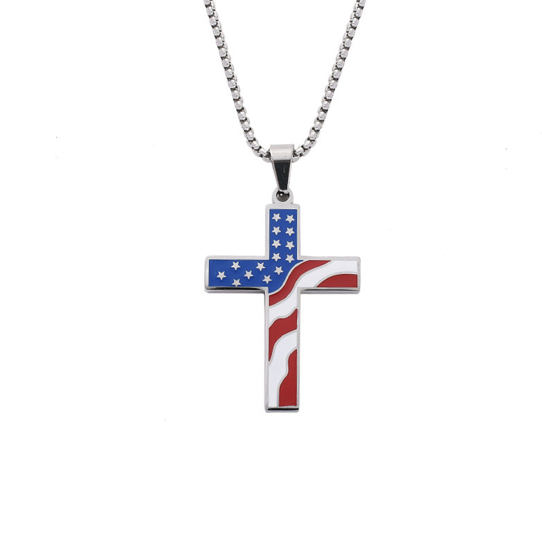Retro USA Flag Cross Pendant Chain Necklace 8ZA6JNC273T
