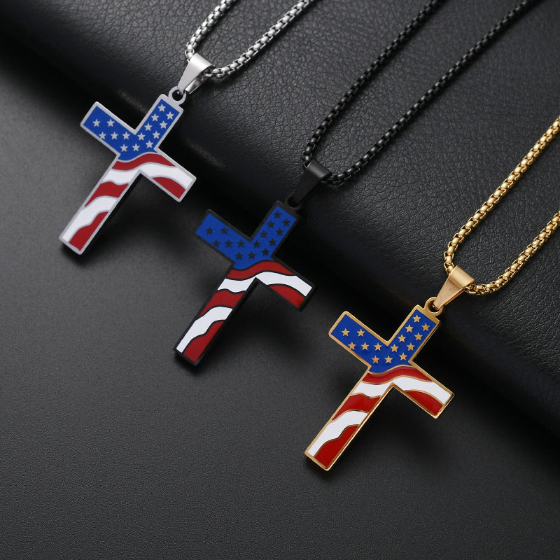 Retro USA Flag Cross Pendant Chain Necklace 8ZA6JNC273T