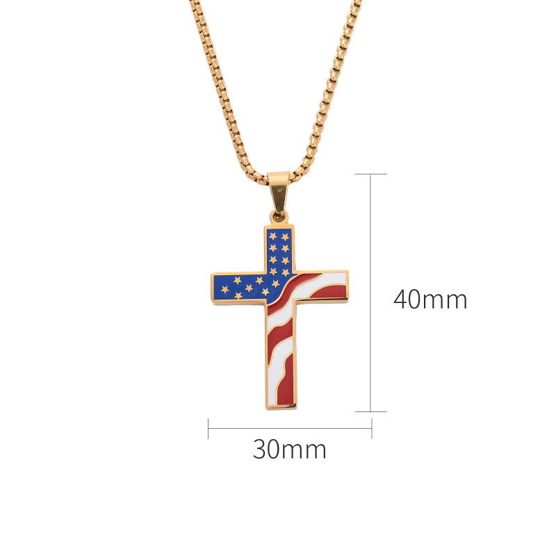 Retro USA Flag Cross Pendant Chain Necklace 8ZA6JNC273T