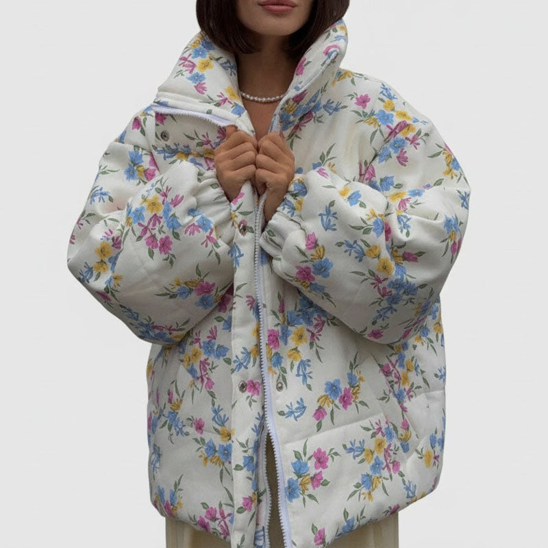 Floral Print  Stand Collar Zipper Cotton Padded Jacket DP25G987