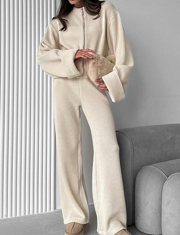 Simple Knit Zip-Up Cardigan Long Pants Set DP25H658