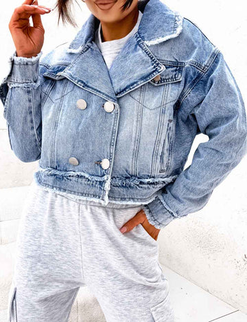 Denim Washed Lapel Collar Frayed Hem Jacket DP25E836