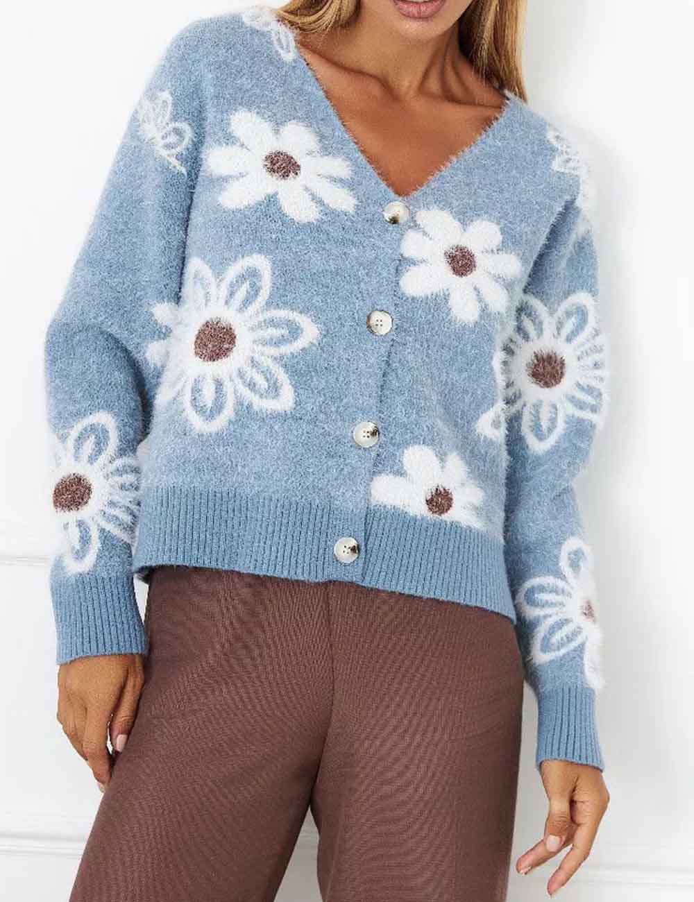 Jacquard V-Neck Button Down Cropped Knit Cardigan DP25F716