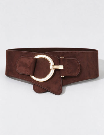 Trendy Gold Buckle Faux Suede Wide Stretchy Belt 6W6JBT230