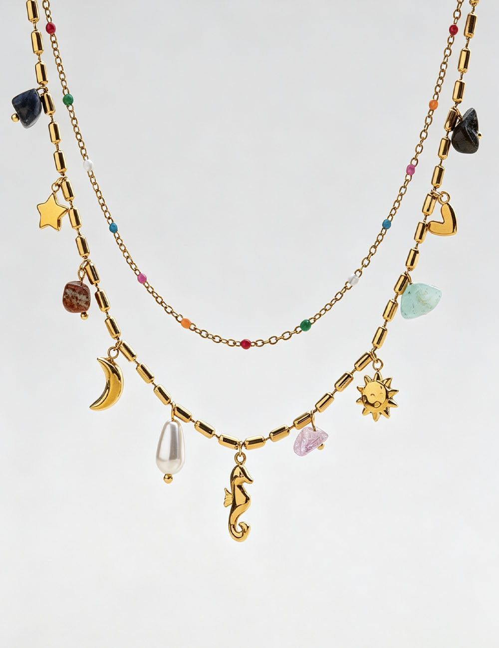 Double Layered Stone Pendant Necklace - DippedShop Wholesale - #3395