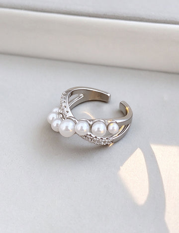 Elegant Cubic Zirconia Cross Pearl Open Ring 6W6JRG365