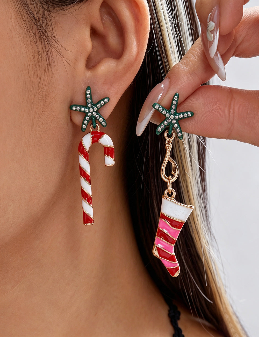 Rhinestone Santa Claus Candy Cane Bow Dangle Earrings 6W6JER690