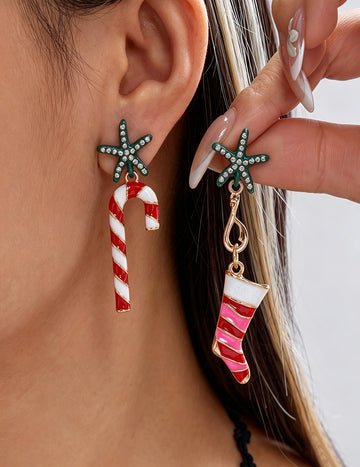Rhinestone Santa Claus Candy Cane Bow Dangle Earrings 6W6JER690