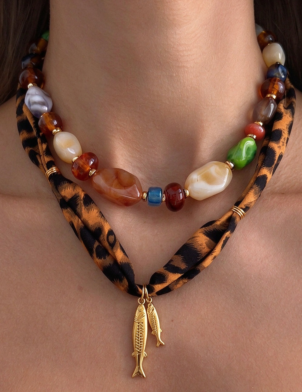 Boho Irregular Resin Bead Fish Pendant Scarf Neckalce 6W6JNC1004