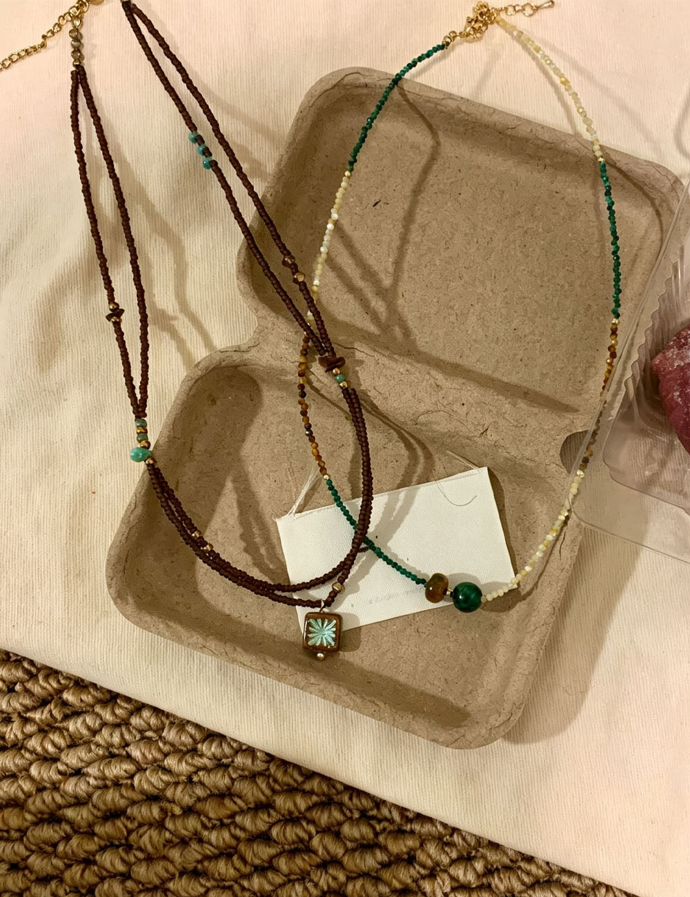 Vintage Double Layer Beaded Chain Square Pendant Necklace 6W6JNC658