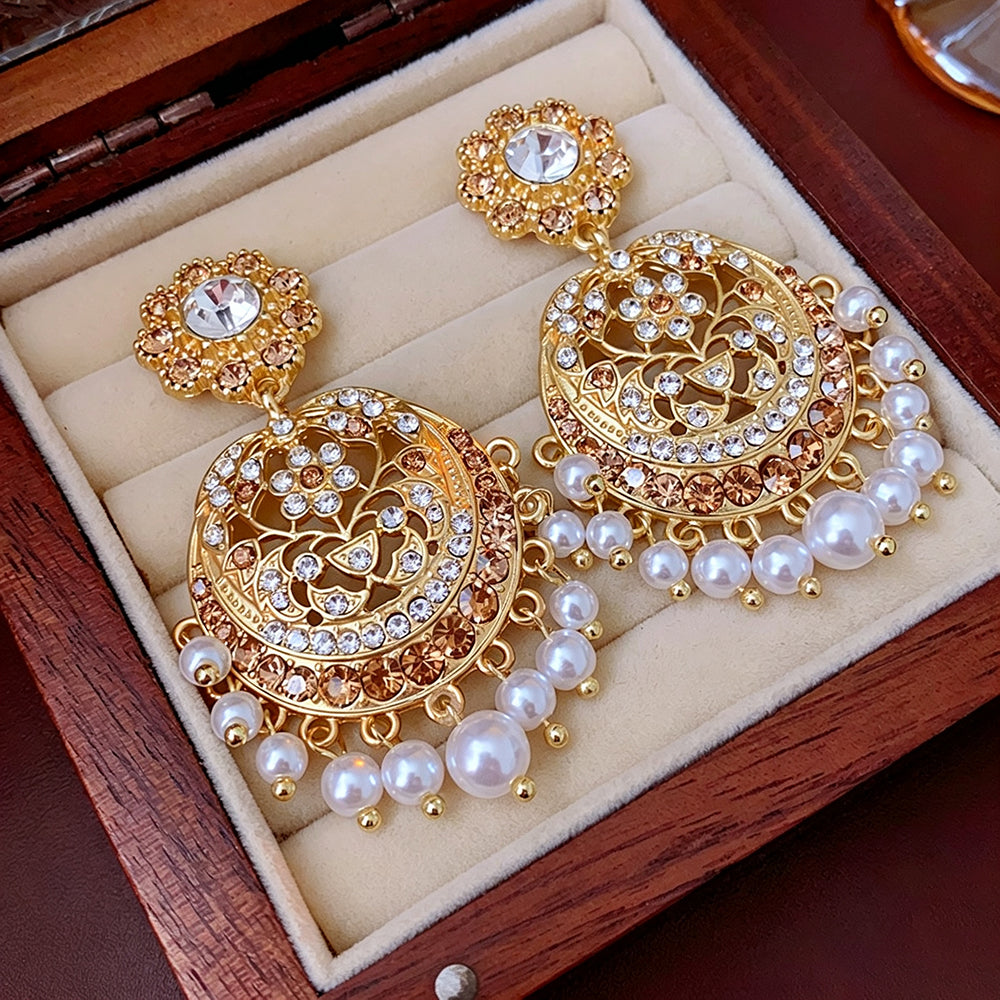 Boho Rhinestone Hollow Pearl Tassel Drop Earrings 6W6JER766