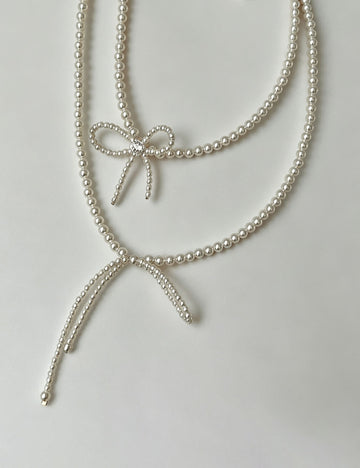 Elegant Zirconia Bow Knot Pearl Chain Necklace 6W6JNC431