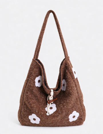 Sweet Floral Embroidery Plush Shoulder Tote Bag 6W10BBG2491