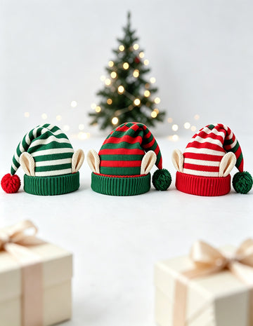Christmas Elf-Eared Striped Knit Beanie with Pompom 6W6HAT830
