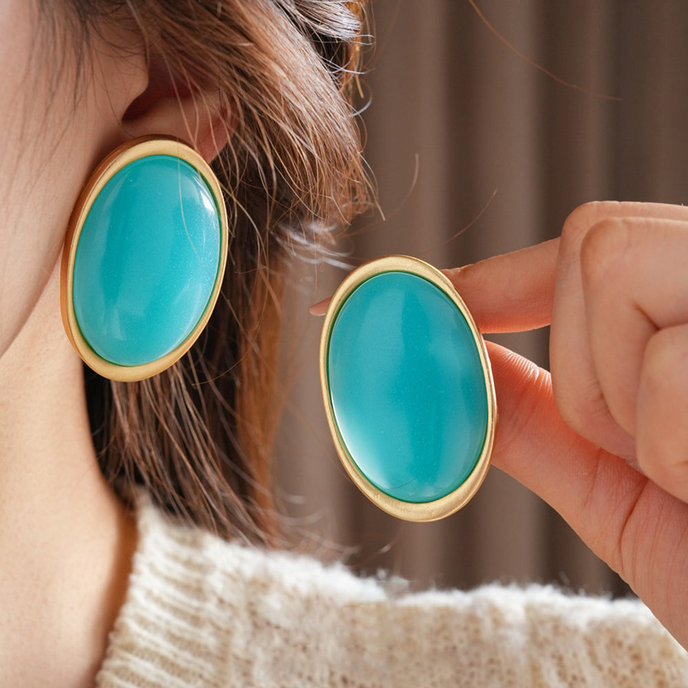 Vintage Gold Plated Oval Resin Stud Earrings 6W6JER718