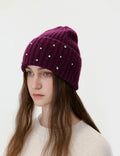 Winter Pearl Rhinestone Solid Color Beanie Hat 6W6HAT642