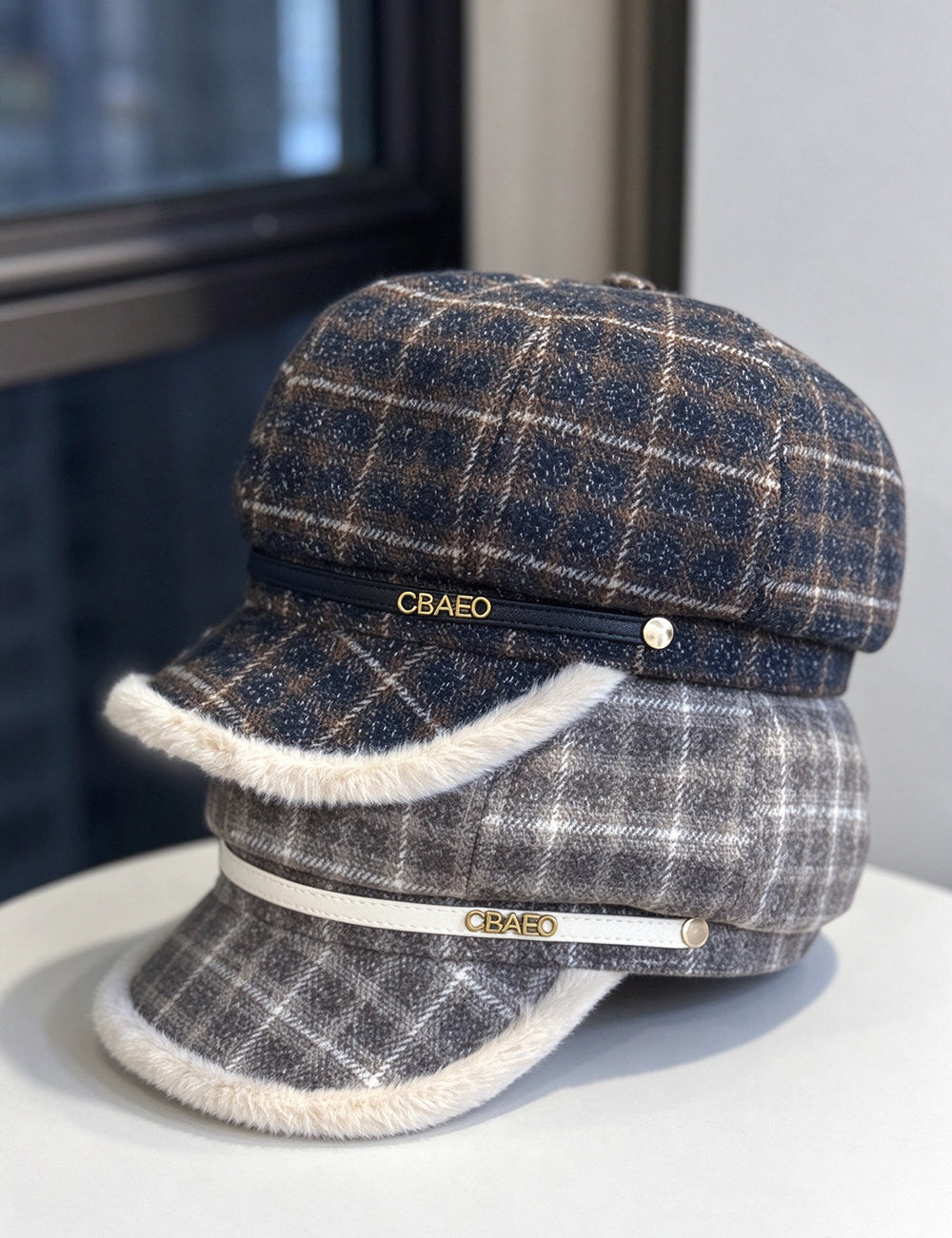 Fur Trimmed Plaid Beret - DippedShop Wholesale - #3107