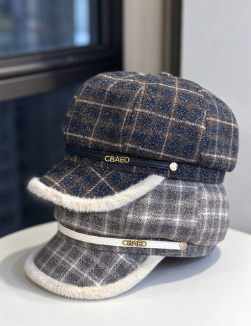 Fur Trimmed Plaid Beret - DippedShop Wholesale - #3107