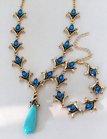 Vintage Rhinestones Floral Stones Droplet Pendant Necklace 6W6JNC897