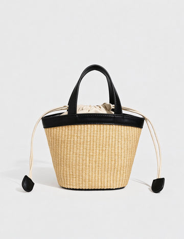 Simple Straw Woven Drawstring Bucket Beach Bag 6W10BBG2385