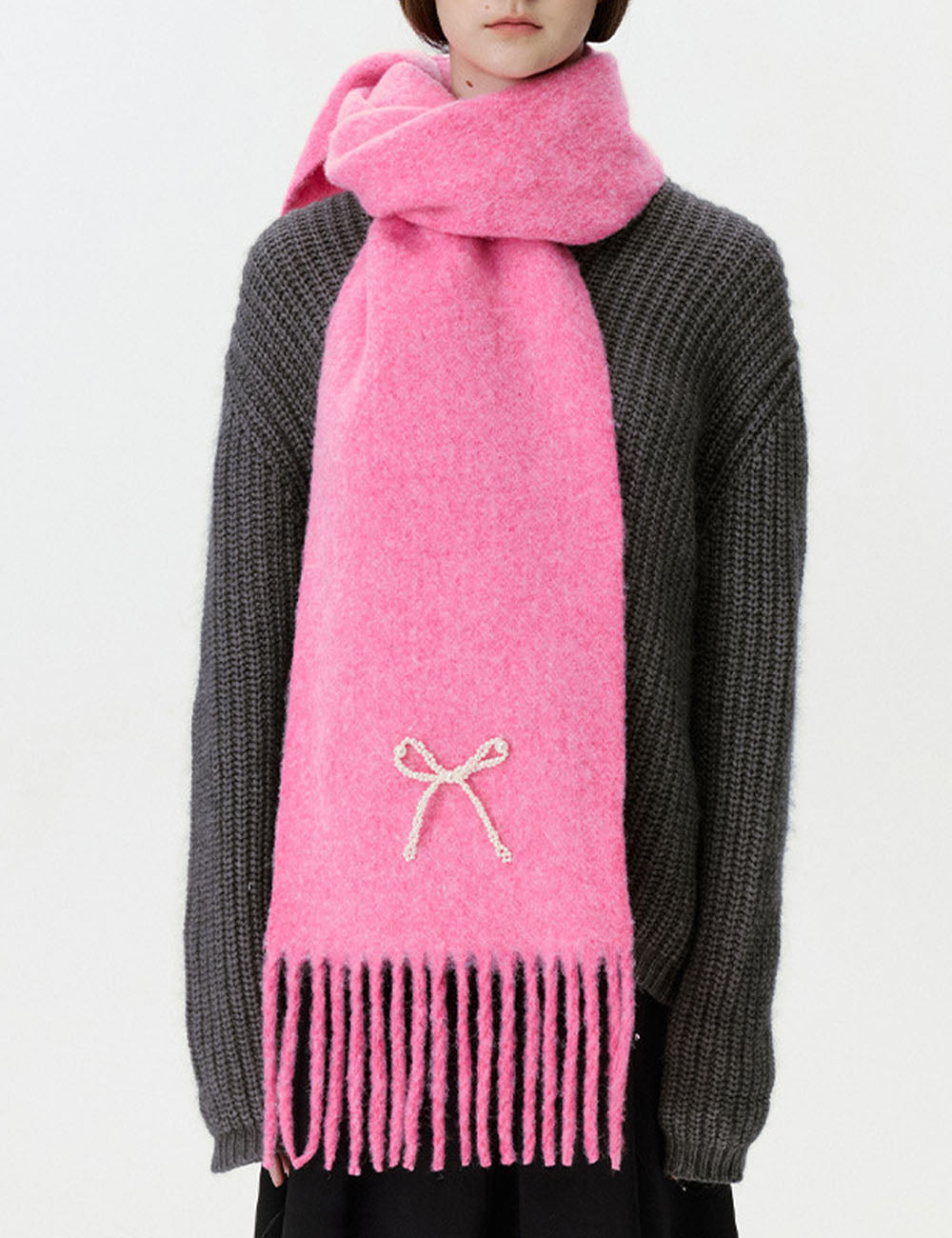 Elegant Pearl Bowknot Warm Tassel Scarf 6W6NSC128