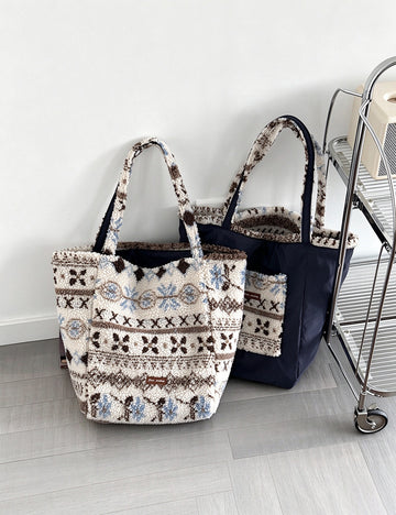 Vintage Jacquard Pattern Plush Commuter Tote Bag 6W10BBG2492