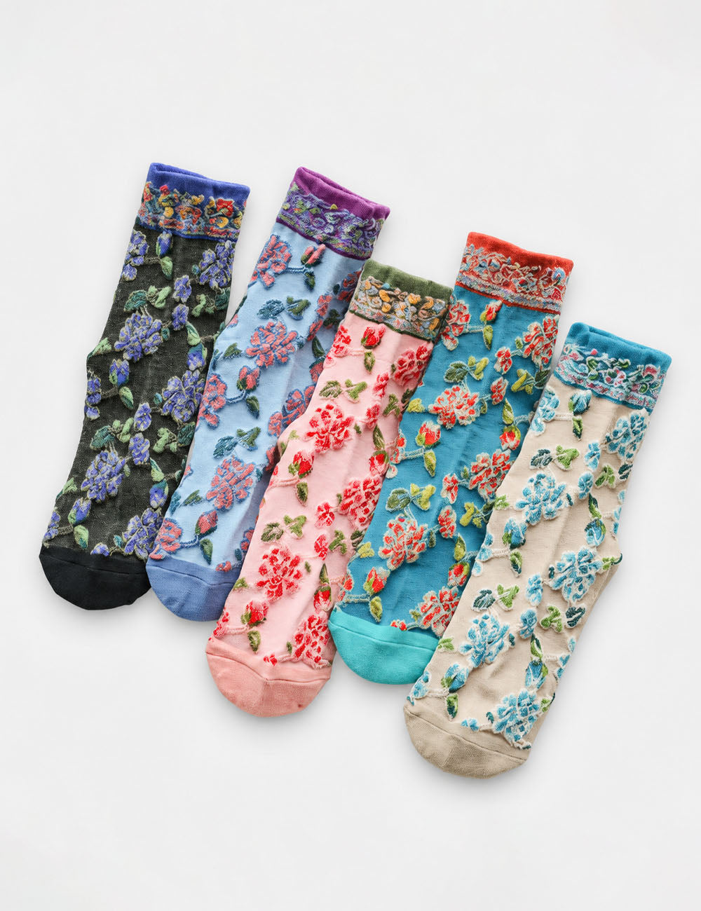 Vintage Floral Embossed Breathable Crew Socks 6W8FSO741