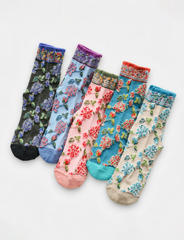Vintage Floral Embossed Breathable Crew Socks 6W8FSO741