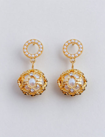 Vintage Gold Plated Hollow Pearl Pendant Drop Earring 6W6JER818