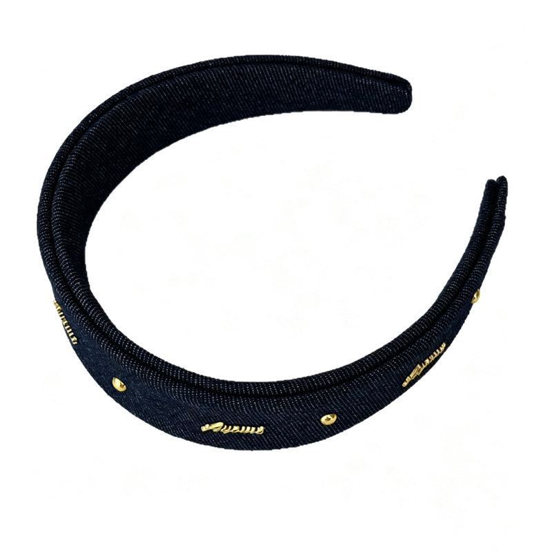 Vintage Metal Letter Studded Denim Wide Headband 6W6HBD307
